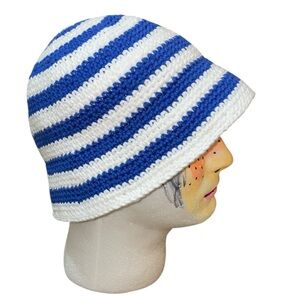 Handmade Crochet Bucket Hat Blue & White Striped Cotton Hat Adult Size
